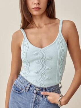 Reformation Genaro Powder Blue Cable Knit Spaghetti Strap Tank Top Size M